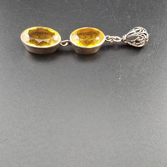 Vintage Sterling Silver Pendant With Double Citrine Gemstones 2" Long - Picture 3 of 6